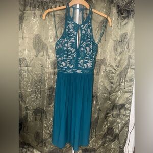 Morgan & Co. Teal Lace Halter Maxi Dress